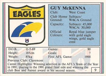 1992 AFL Regina #9 Guy McKenna Back